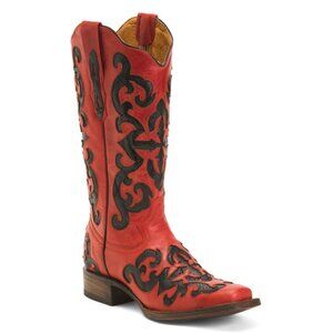 TANNER MARK red/black Made In Mexico Leather Inlay Square Toe Western Boots